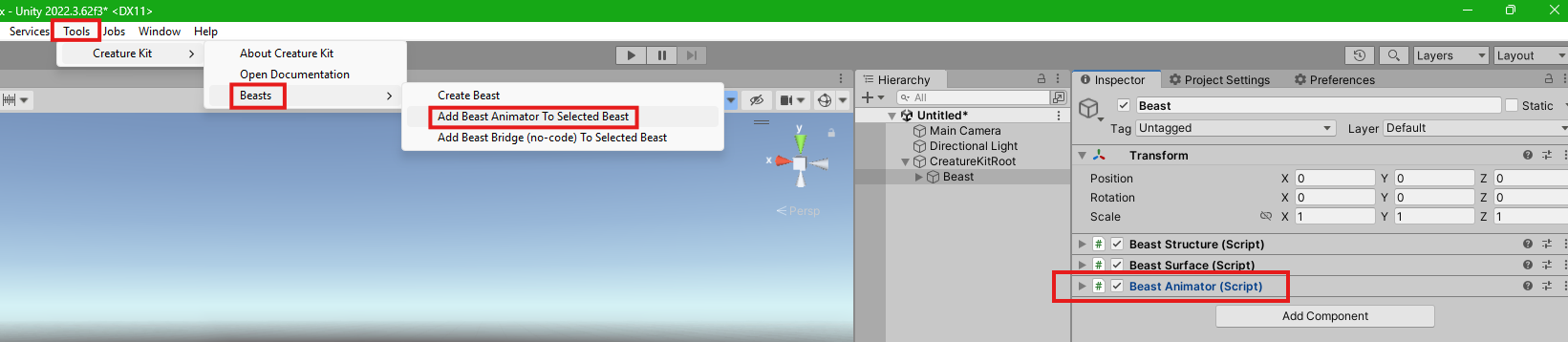 Add Beast Animator menu
